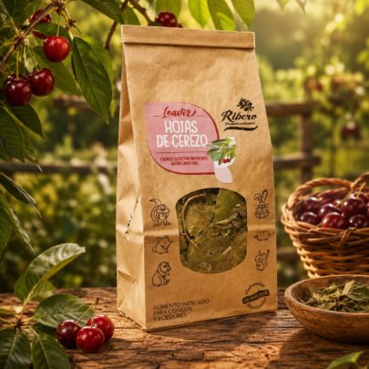 Hojas de cerezo para conejos y roedores LEAVIX en un entorno natural con cerezas