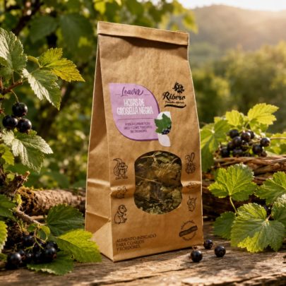 Hojas de grosella negra para conejos y roedores LEAVIX junto a frutos y hojas