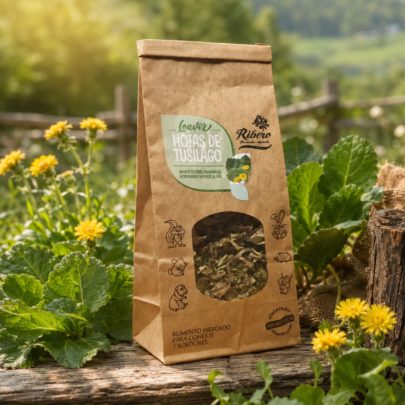 Hojas de tusílago para conejos y roedores LEAVIX entre hojas y flores amarillas